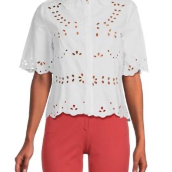 SAKS FIFTH AVENUE Women’s Collared Eyelet Shirt White Size Medium - Picture 6 of 8